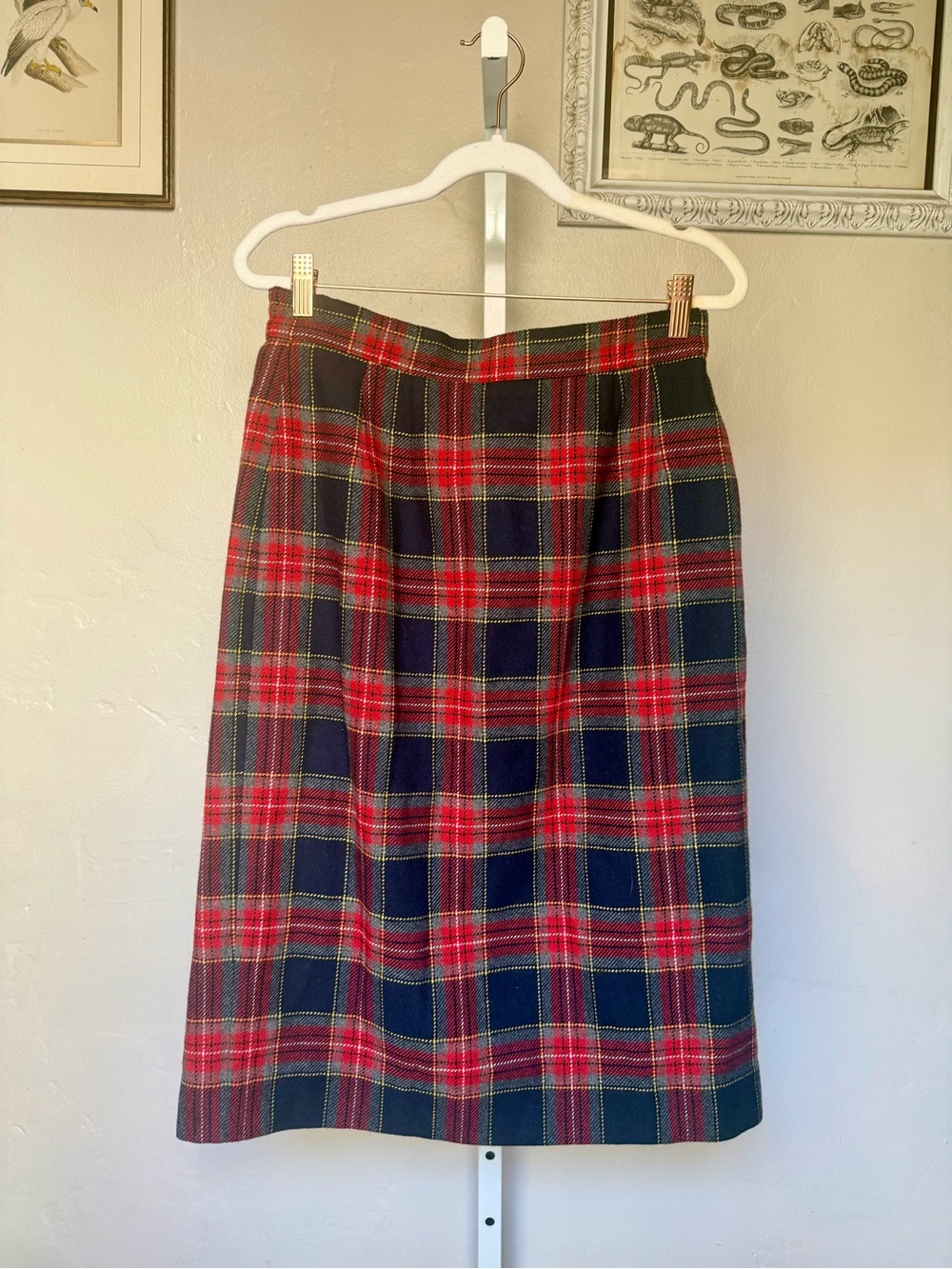 Vintage Classic Red and Navy Wool Plaid Pencil Skirt Waist 29”
